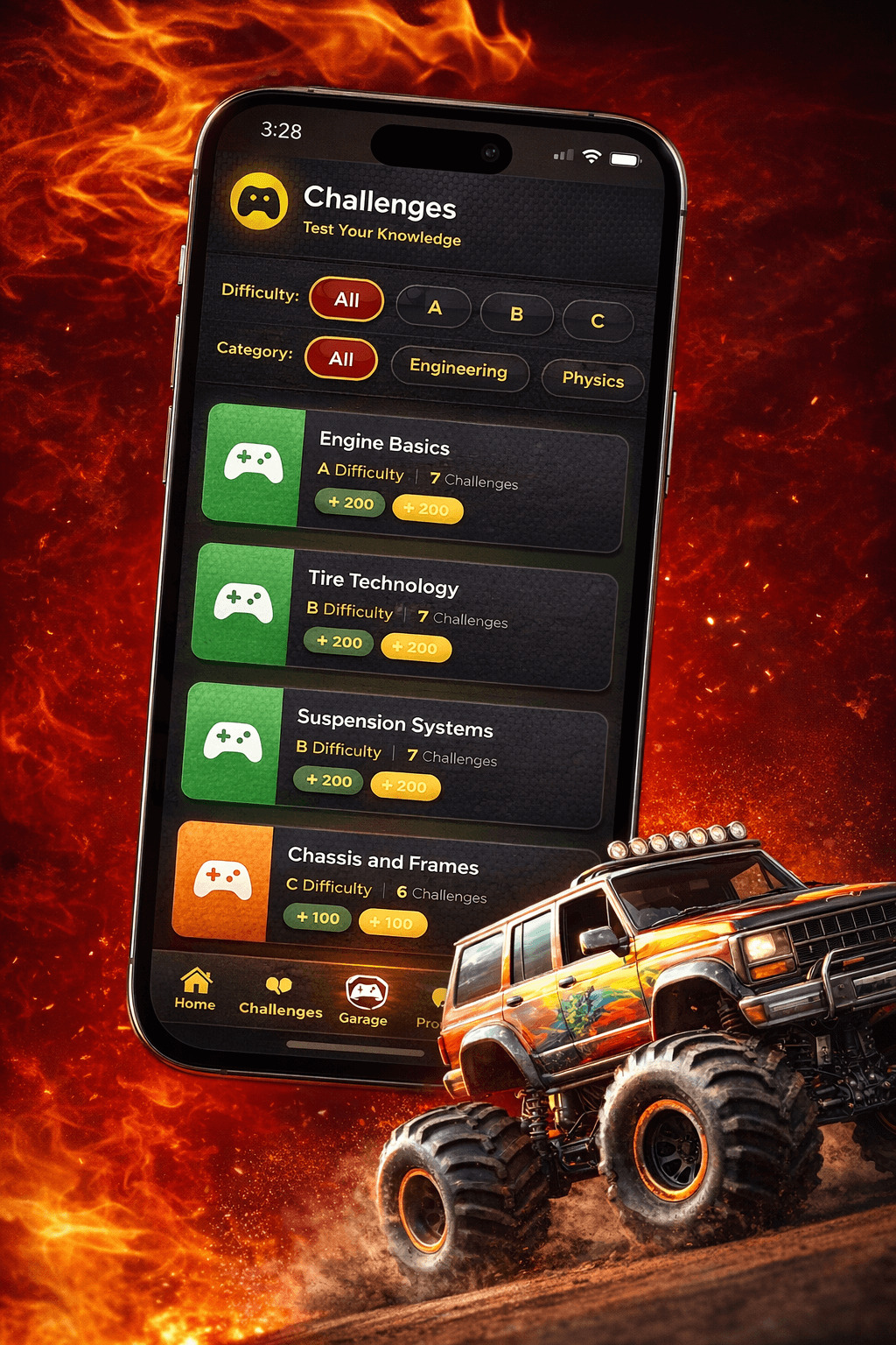 Fire Gears monster truck anatomy quiz interface showing interactive questions